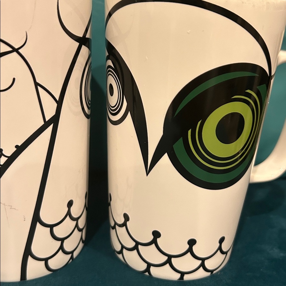 2014 STARBUCKS Retired Collectible Limited Edition Green Eye Owl coffee mug set! - Picture 3 of 5
